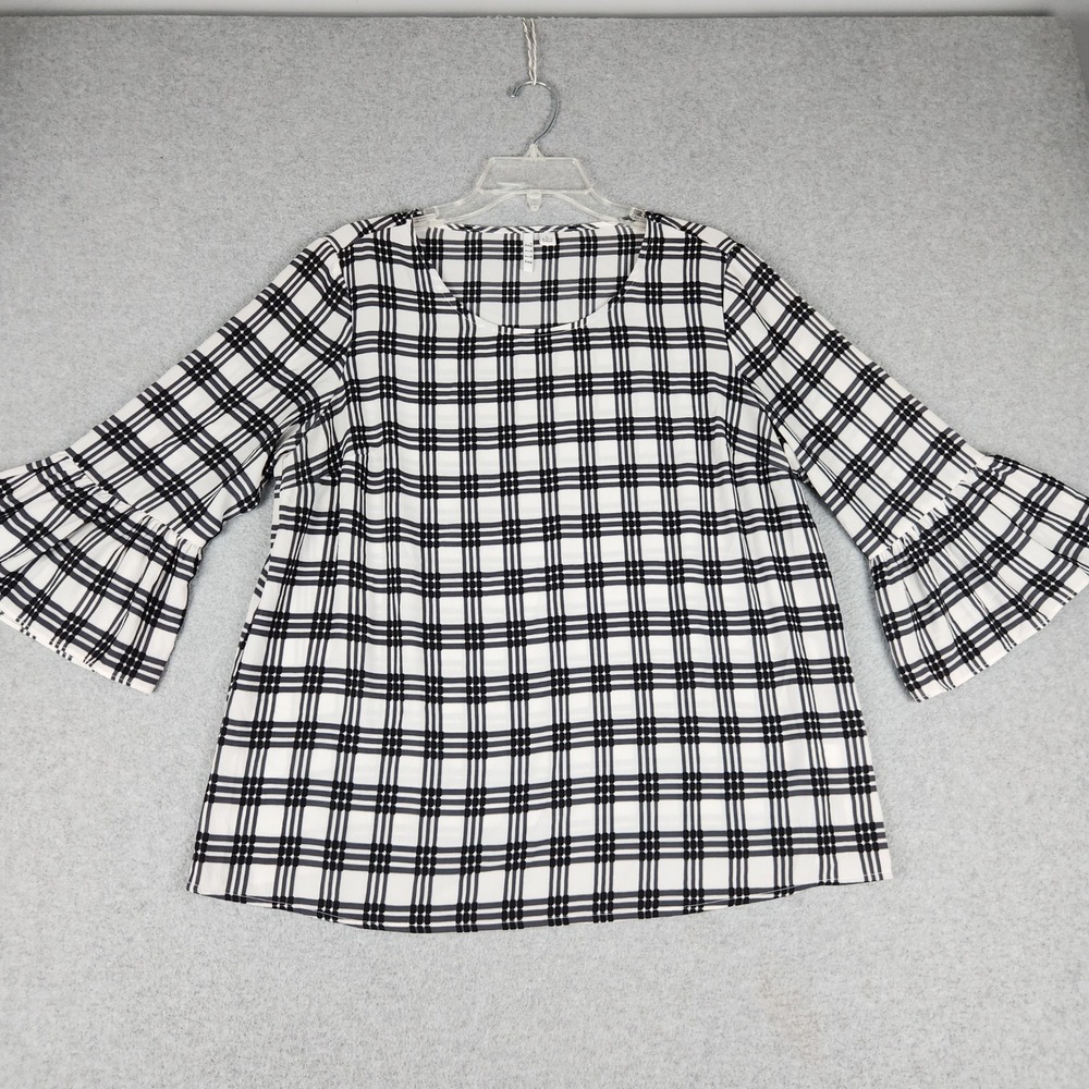 ELLE Blouse Top Womens Large White Black Plaid Relaxed Bell Sleeve Round‎ Neck